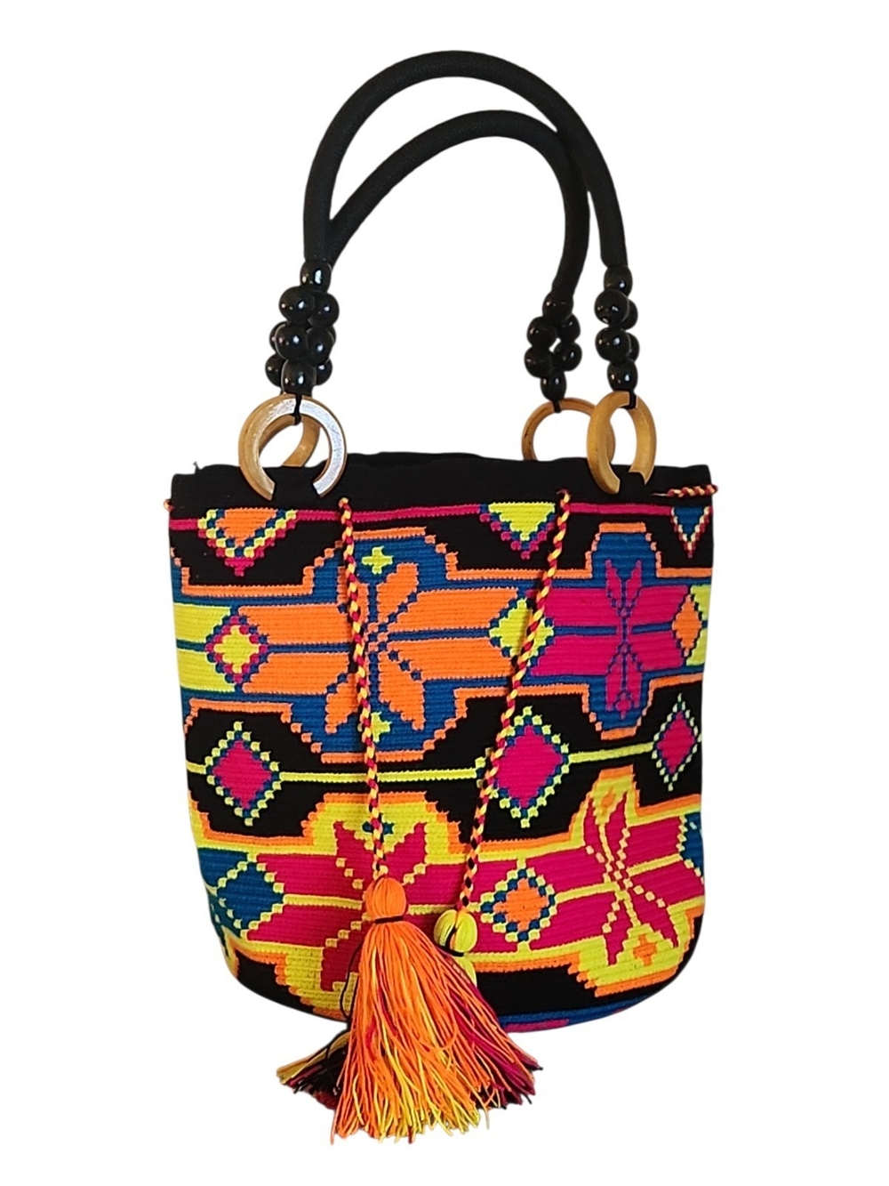 Wayuu Mochila Boho Multicolor Woven Crochet Tote Bucket Bag with Tassel Womens